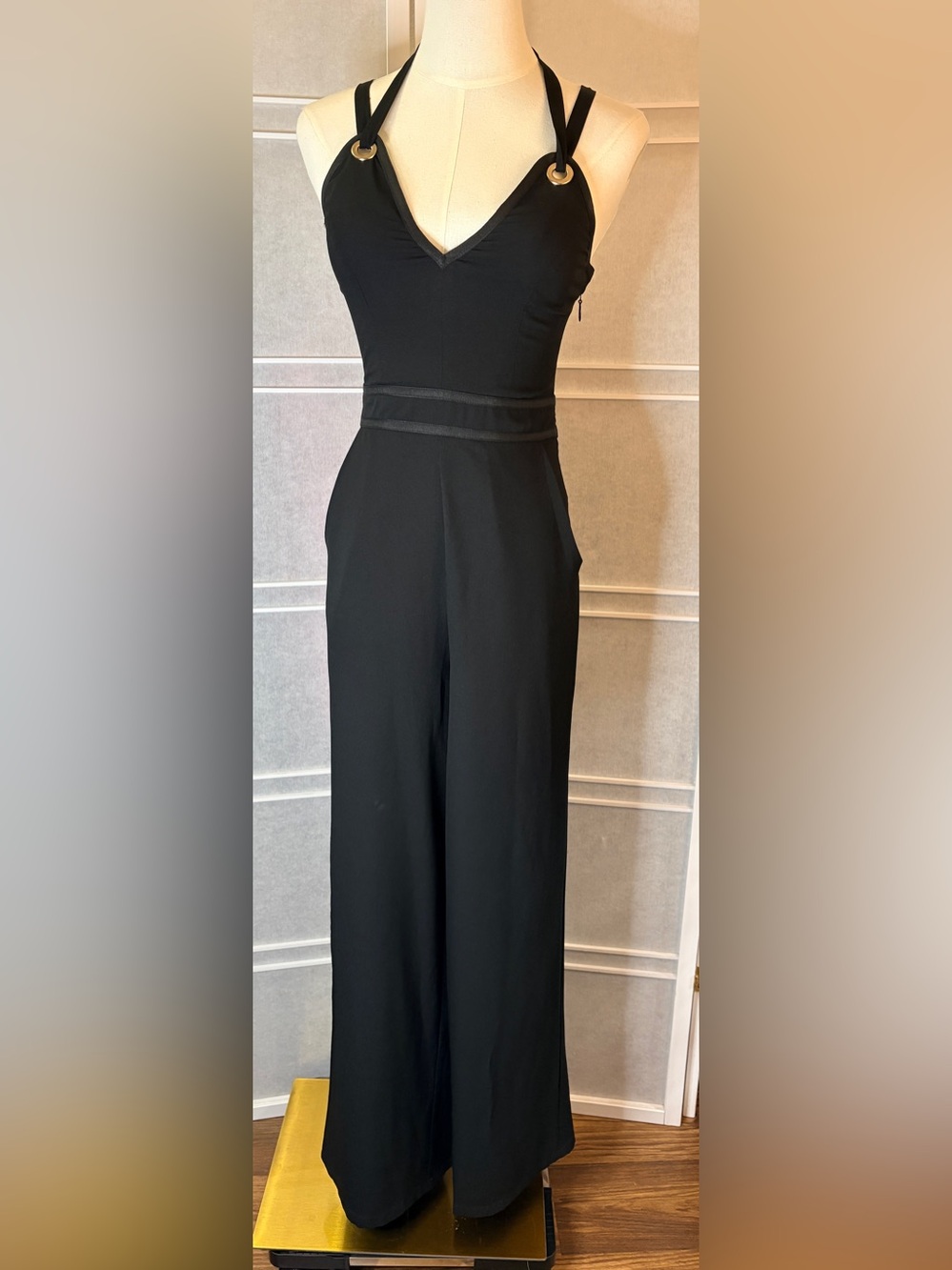 bebe Black Halter Wide-Leg Jumpsuit with Gold Rings Sz 0